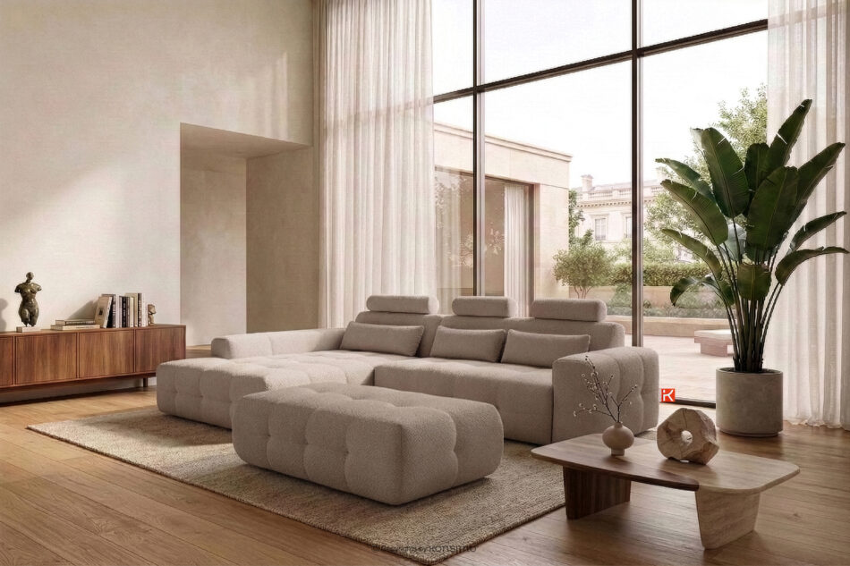 ALIGRA Zestaw mebli do salonu narożnik lewy i puf w kaninie szenil z pikowaniem jasny brązowy jasny brązowy - zdjęcie 22