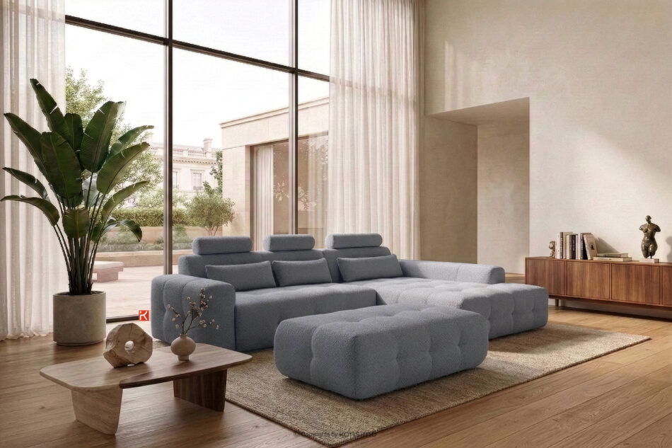 ALIGRA Zestaw mebli do salonu narożnik prawy i puf w kaninie szenil z pikowaniem szary szary - zdjęcie 22