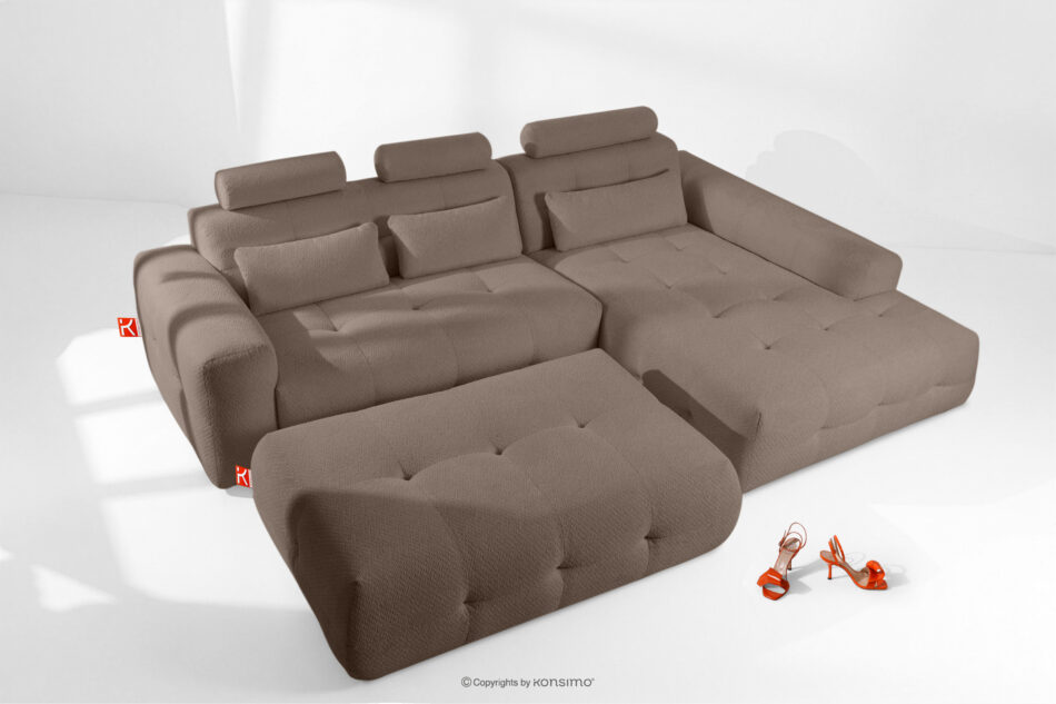 ALIGRA Zestaw mebli do salonu narożnik prawy i puf w kaninie szenil z pikowaniem brązowy brązowy - zdjęcie 1