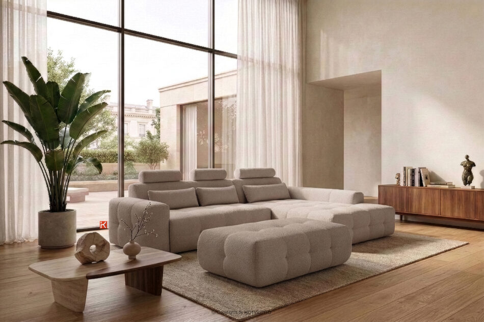 ALIGRA Zestaw mebli do salonu narożnik prawy i puf w kaninie szenil z pikowaniem jasny brązowy jasny brązowy - zdjęcie 22