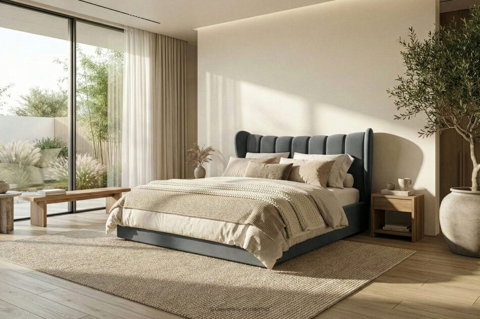 GIZO Łóżko tapicerowane typu muszelka z pojemnikiem na pościel 160 cm ciemny szary ciemny szary - zdjęcie 15