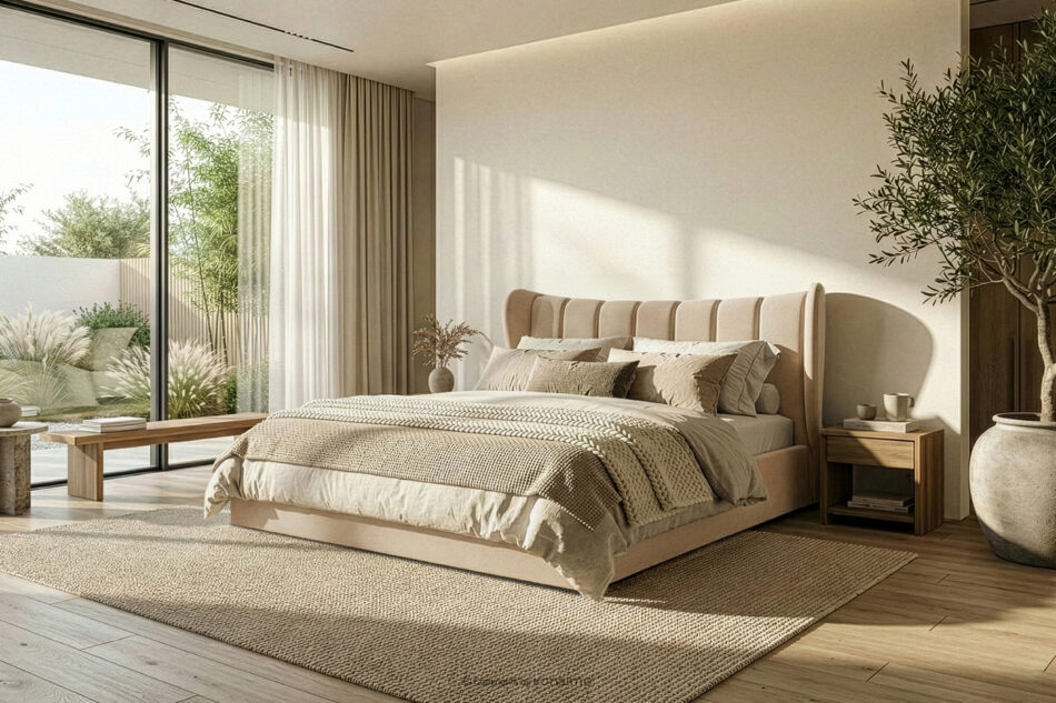 GIZO Łóżko tapicerowane typu muszelka z pojemnikiem na pościel 180 cm jasny beżowy jasny beżowy - zdjęcie 1