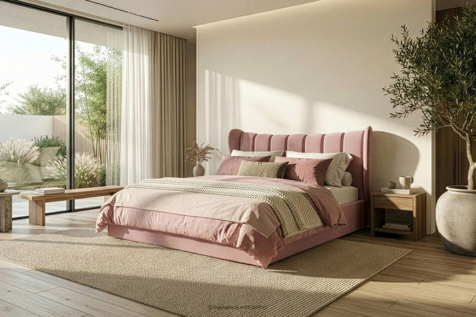 GIZO Łóżko tapicerowane typu muszelka z pojemnikiem na pościel 180 cm różowy różowy - zdjęcie 14