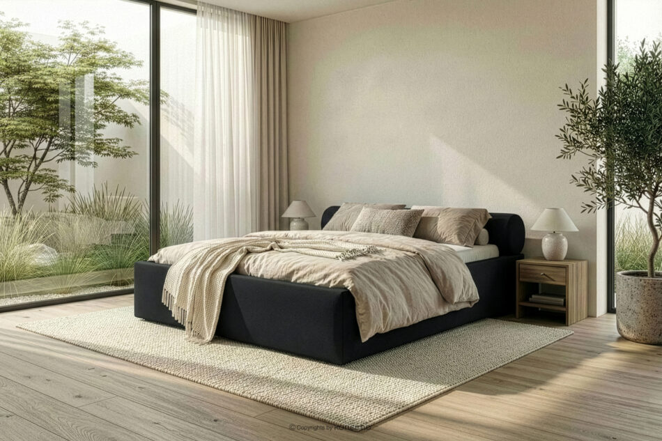 LUNEO Łóżko tapicerowane japandi z pojemnikiem na pościel 160 cm czarny czarny - zdjęcie 15