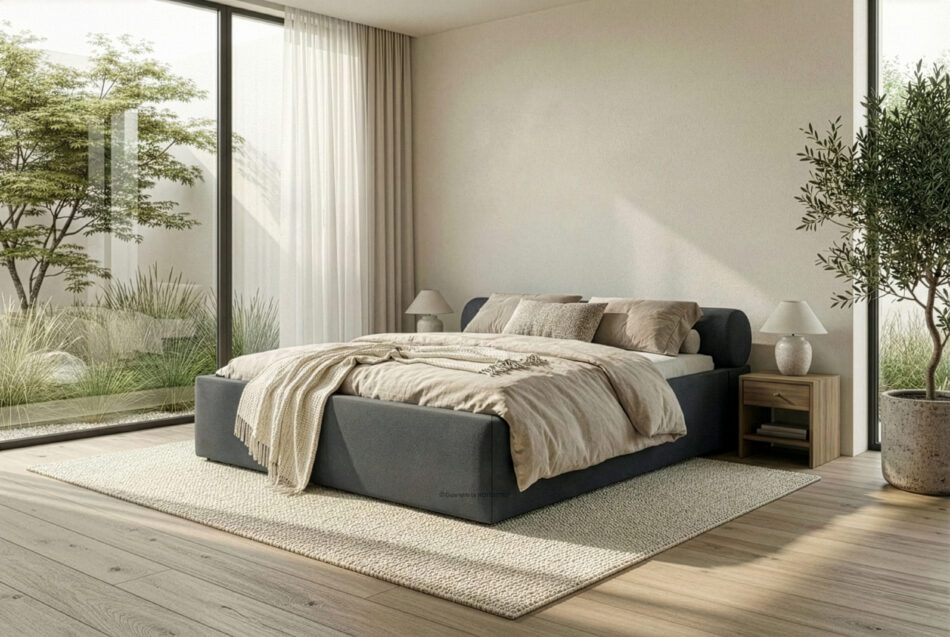 LUNEO Łóżko tapicerowane japandi z pojemnikiem na pościel 160 cm antracytowy antracytowy - zdjęcie 15