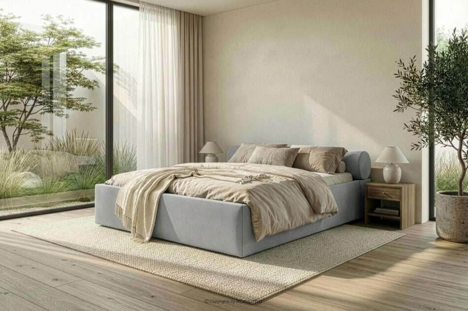 LUNEO Łóżko tapicerowane japandi z pojemnikiem na pościel 160 cm jasny szary jasny szary - zdjęcie 15