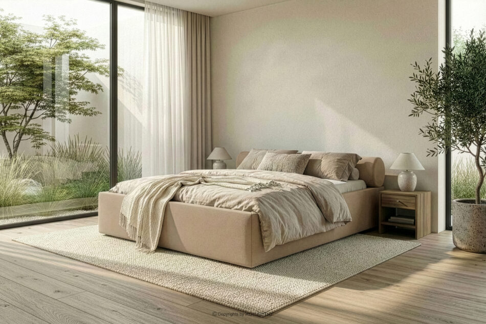 LUNEO Łóżko tapicerowane japandi z pojemnikiem na pościel 160 cm ciemny beżowy ciemny beżowy - zdjęcie 15