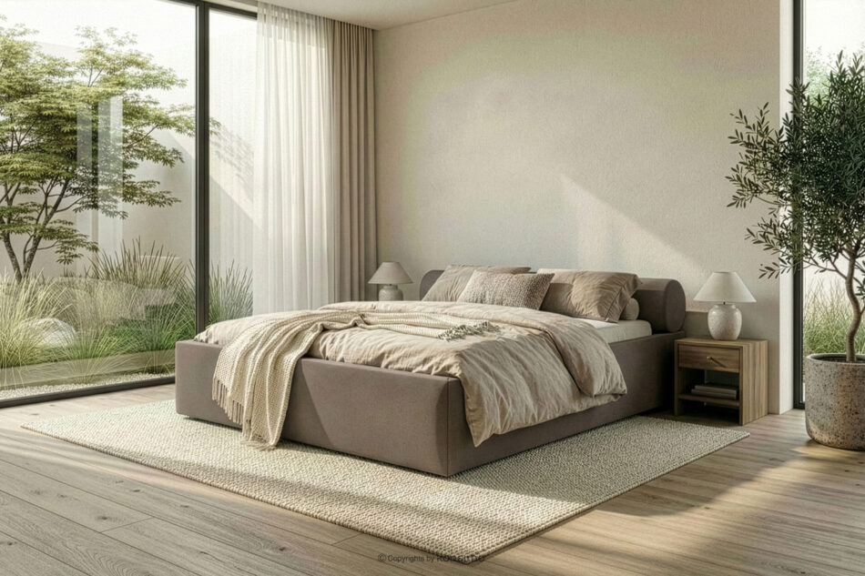 LUNEO Łóżko tapicerowane japandi z pojemnikiem na pościel 160 cm brązowy brązowy - zdjęcie 15