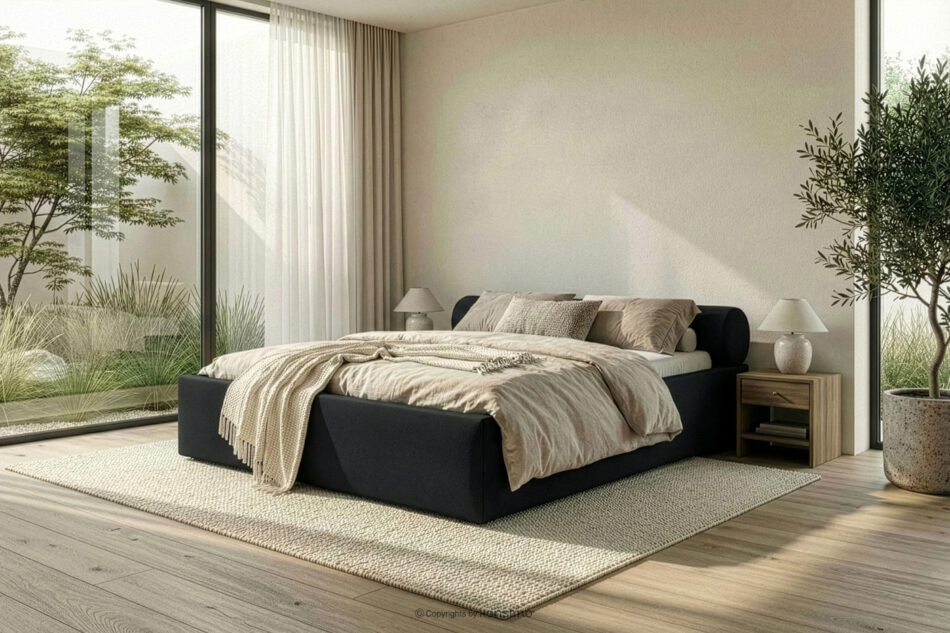 LUNEO Łóżko tapicerowane japandi z pojemnikiem na pościel 180 cm czarny czarny - zdjęcie 15