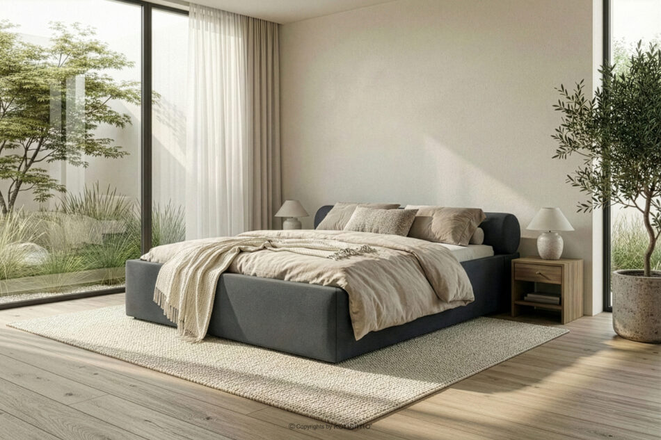 LUNEO Łóżko tapicerowane japandi z pojemnikiem na pościel 180 cm antracytowy antracytowy - zdjęcie 15