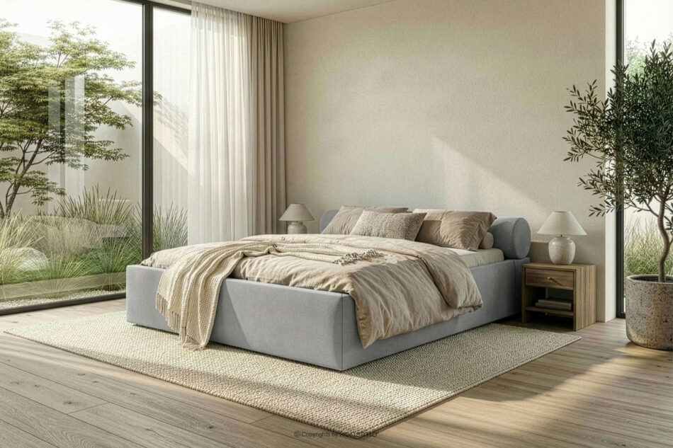 LUNEO Łóżko tapicerowane japandi z pojemnikiem na pościel 180 cm jasny szary jasny szary - zdjęcie 15