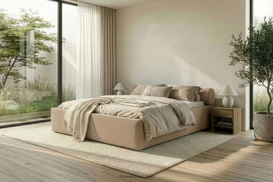 LUNEO Łóżko tapicerowane japandi z pojemnikiem na pościel 180 cm ciemny beżowy ciemny beżowy - zdjęcie 15