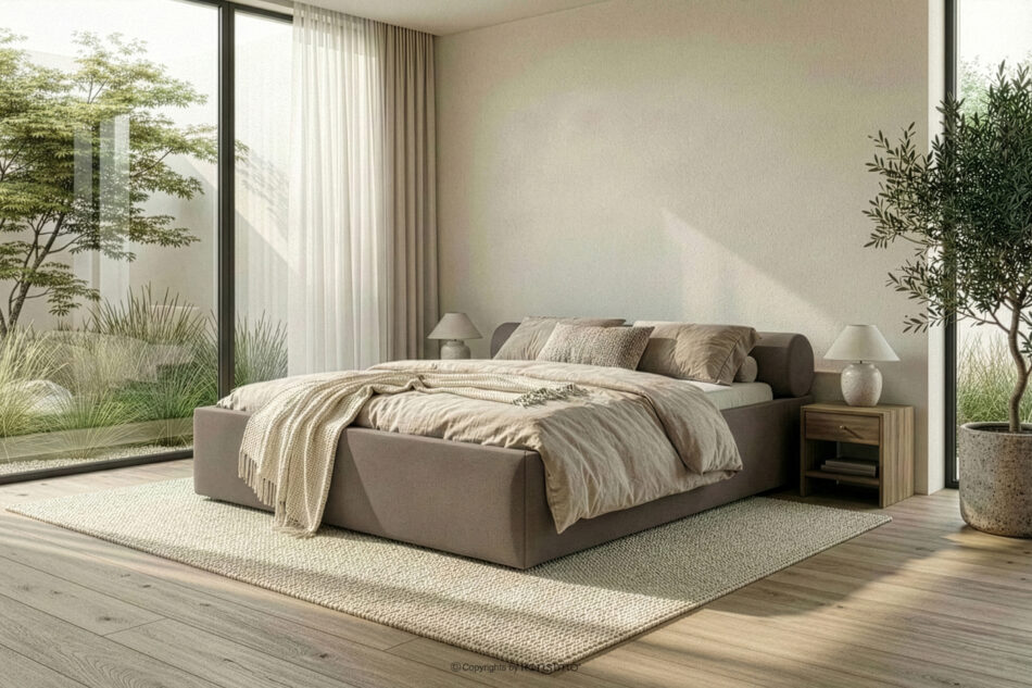 LUNEO Łóżko tapicerowane japandi z pojemnikiem na pościel 180 cm brązowy brązowy - zdjęcie 15