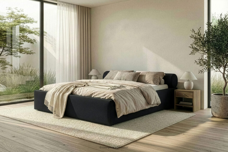LUNEO Łóżko tapicerowane japandi z pojemnikiem na pościel 200 cm czarny czarny - zdjęcie 15
