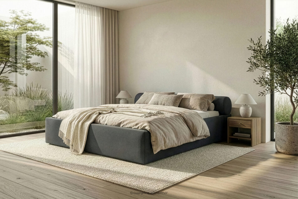 LUNEO Łóżko tapicerowane japandi z pojemnikiem na pościel 200 cm antracytowy antracytowy - zdjęcie 15