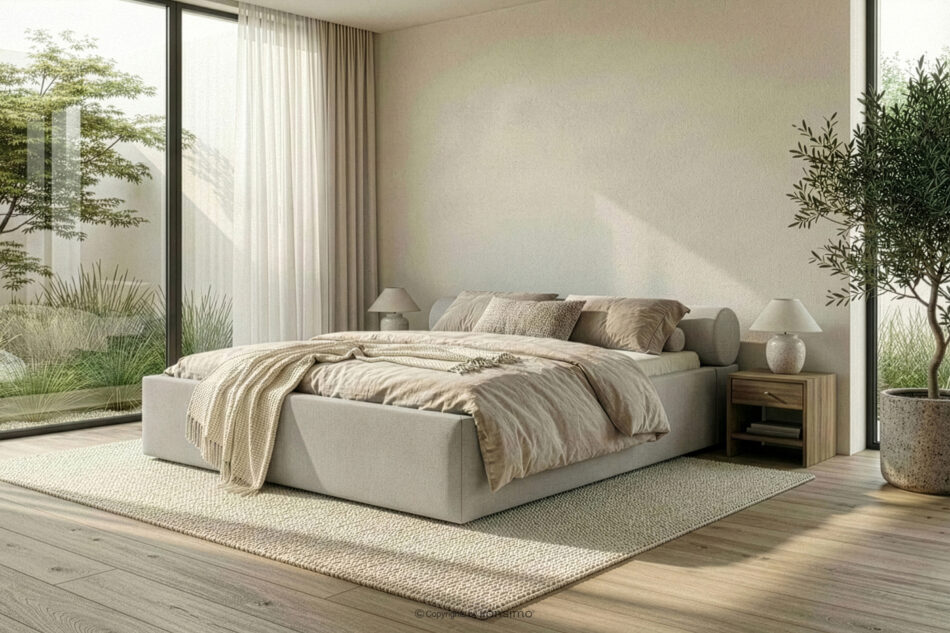 LUNEO Łóżko tapicerowane japandi z pojemnikiem na pościel 200 cm kremowy kremowy - zdjęcie 15