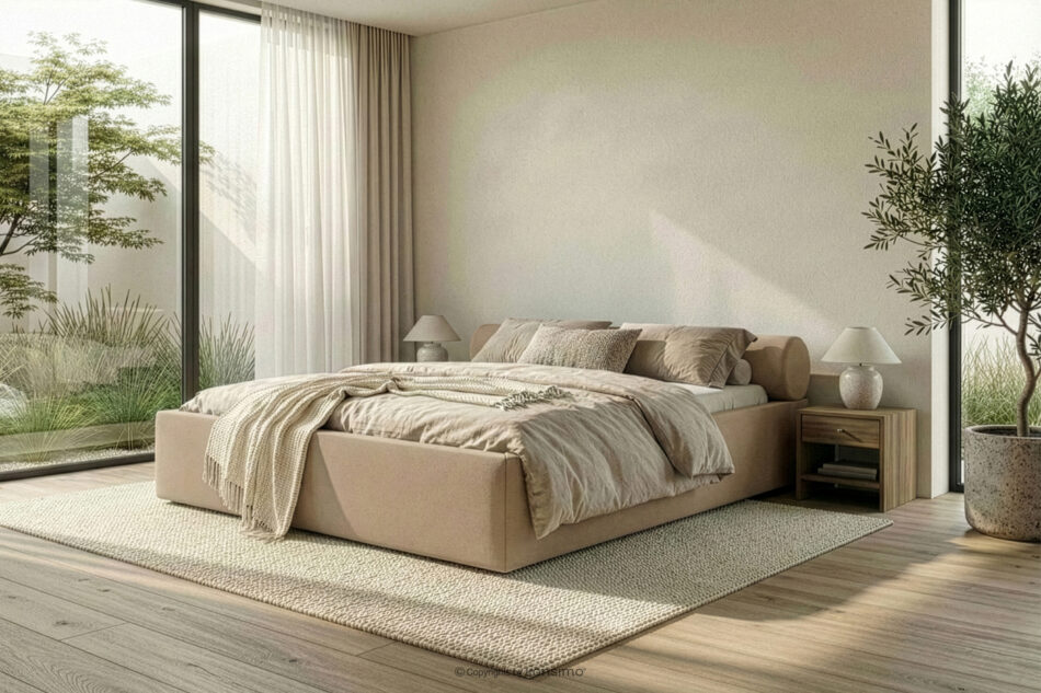 LUNEO Łóżko tapicerowane japandi z pojemnikiem na pościel 200 cm ciemny beżowy ciemny beżowy - zdjęcie 15
