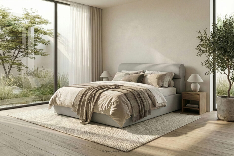 LUNEO Łóżko tapicerowane w stylu japandi z pojemnikiem na pościel 160 cm kremowy kremowy - zdjęcie 15