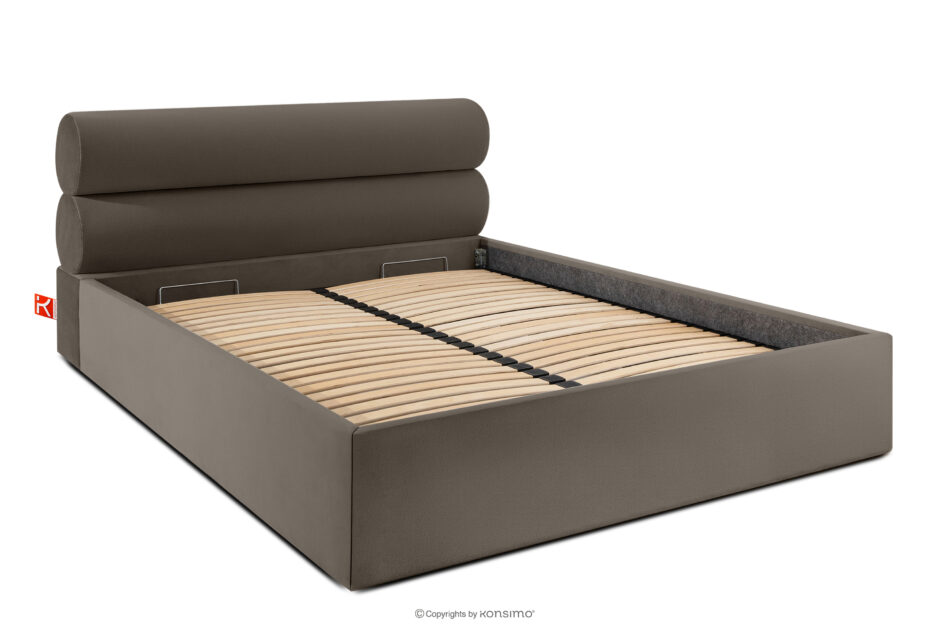 LUNEO Łóżko tapicerowane w stylu japandi z pojemnikiem na pościel 160 cm brązowy brązowy - zdjęcie 2