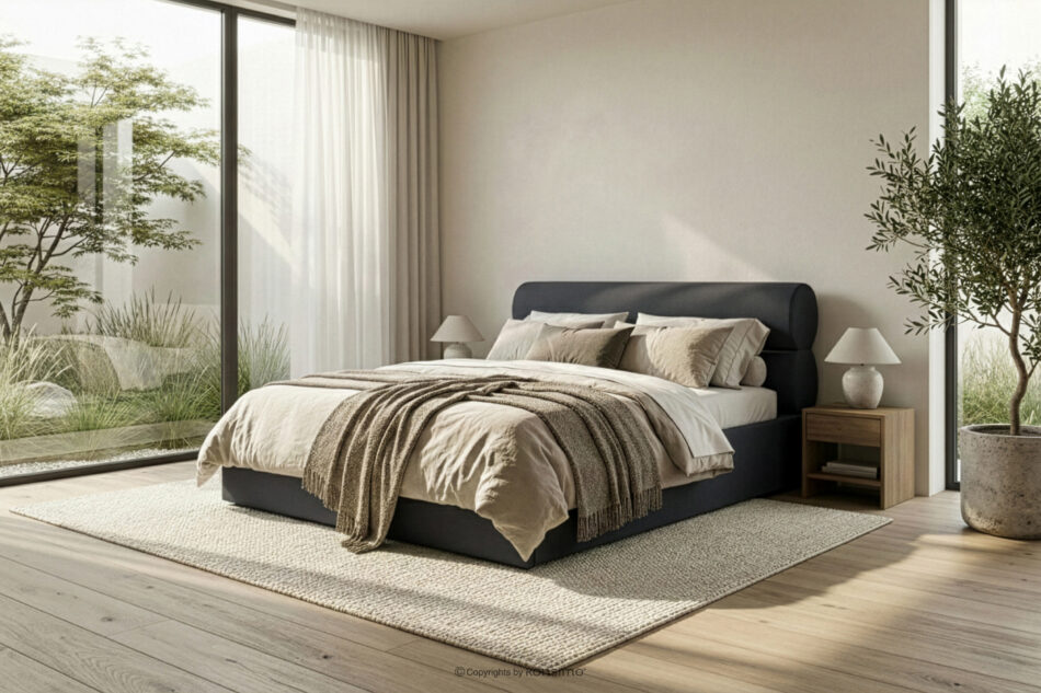 LUNEO Łóżko tapicerowane w stylu japandi z pojemnikiem na pościel 180 cm antracytowy antracytowy - zdjęcie 15