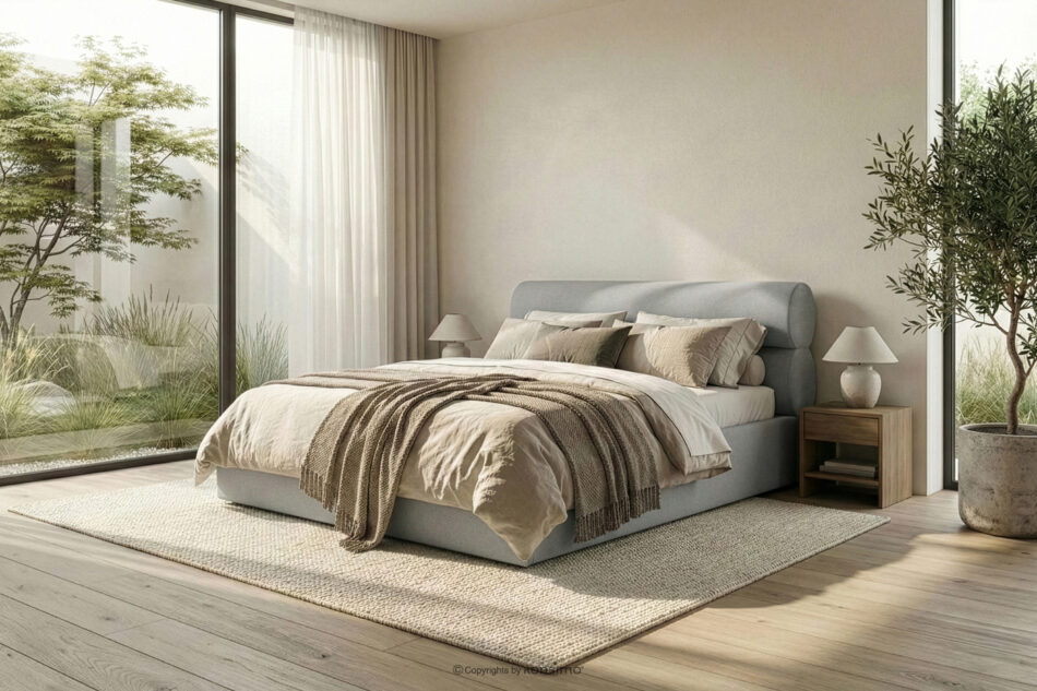 LUNEO Łóżko tapicerowane w stylu japandi z pojemnikiem na pościel 180 cm jasny szary jasny szary - zdjęcie 15