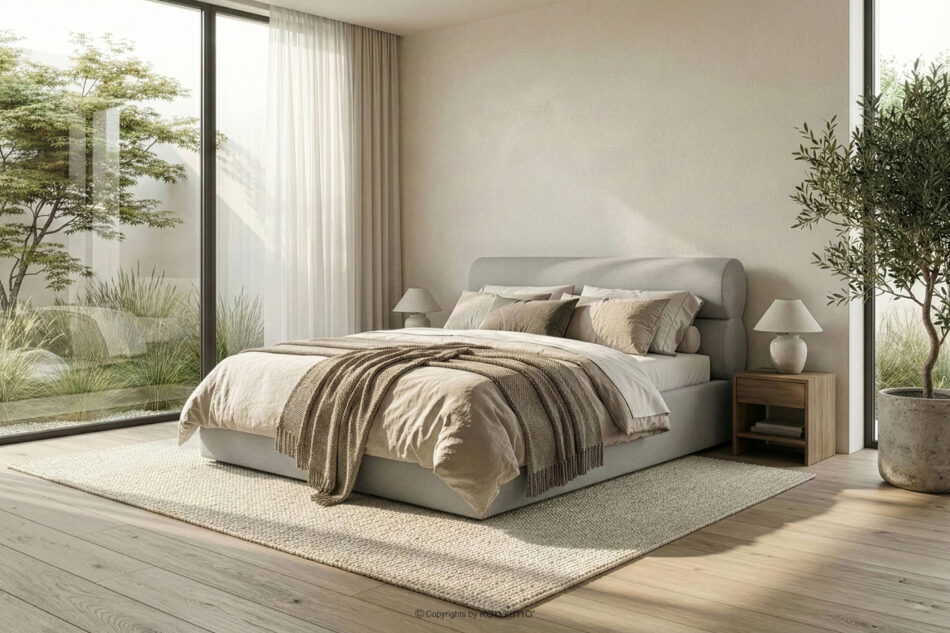 LUNEO Łóżko tapicerowane w stylu japandi z pojemnikiem na pościel 180 cm kremowy kremowy - zdjęcie 15