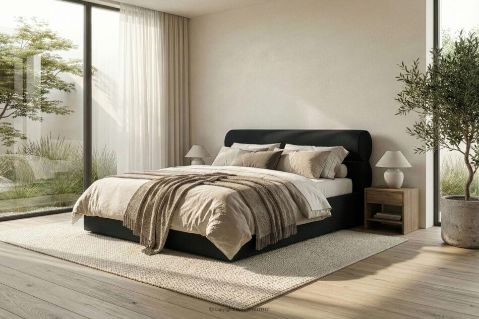 LUNEO Łóżko tapicerowane w stylu japandi z pojemnikiem na pościel 200 cm czarny czarny - zdjęcie 15