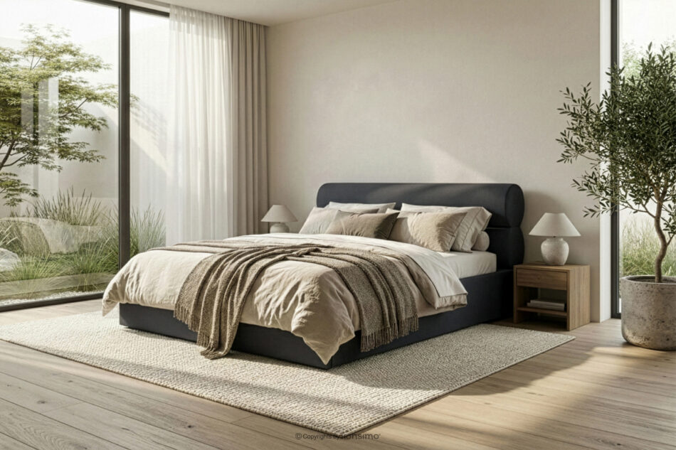 LUNEO Łóżko tapicerowane w stylu japandi z pojemnikiem na pościel 200 cm antracytowy antracytowy - zdjęcie 15