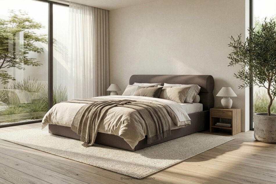 LUNEO Łóżko tapicerowane w stylu japandi z pojemnikiem na pościel 200 cm brązowy brązowy - zdjęcie 15