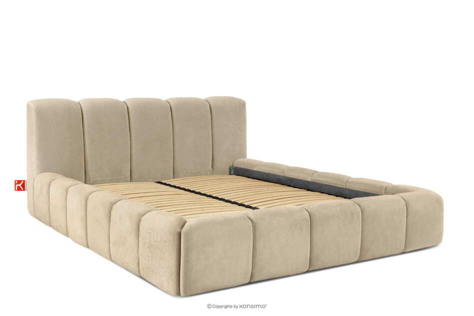 OLMIRA Łóżko tapicerowane z pojemnikiem na pościel 160 cm beżowy beżowy - zdjęcie 2