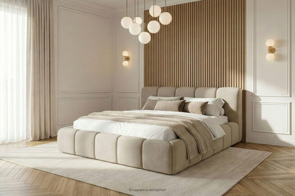 OLMIRA Łóżko tapicerowane z pojemnikiem na pościel 160 cm szarobeżowy szarobeżowy - zdjęcie 14