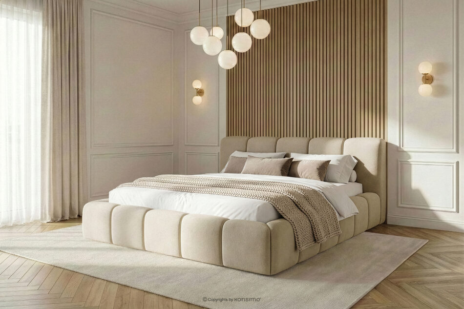 OLMIRA Łóżko tapicerowane z pojemnikiem na pościel 180 cm beżowy beżowy - zdjęcie 14