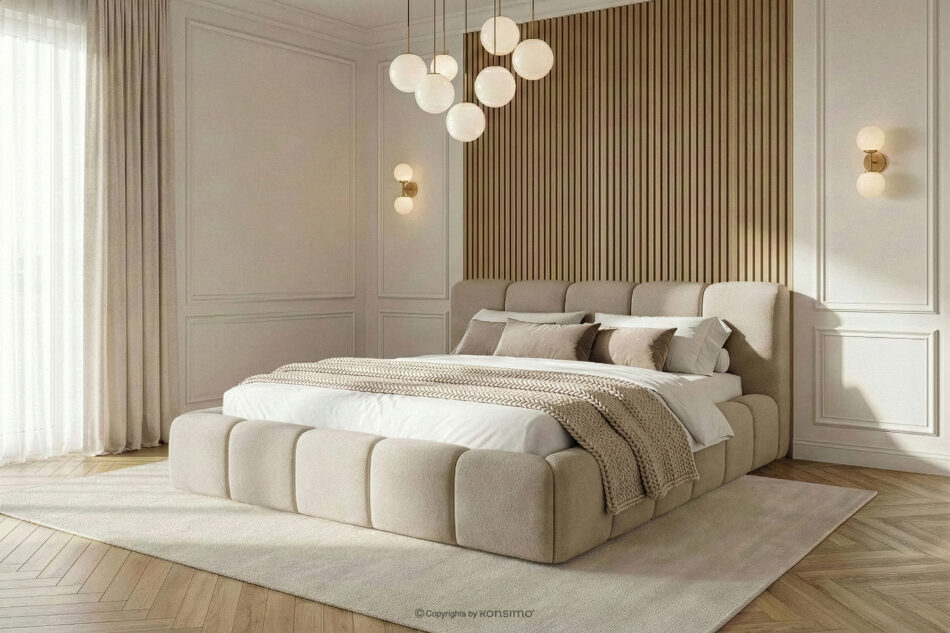 OLMIRA Łóżko tapicerowane z pojemnikiem na pościel 180 cm szarobeżowy szarobeżowy - zdjęcie 14