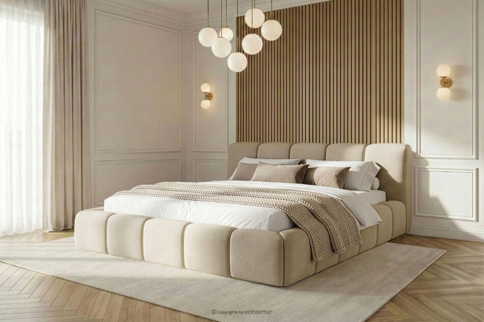 OLMIRA Łóżko tapicerowane z pojemnikiem na pościel 200 cm beżowy beżowy - zdjęcie 14