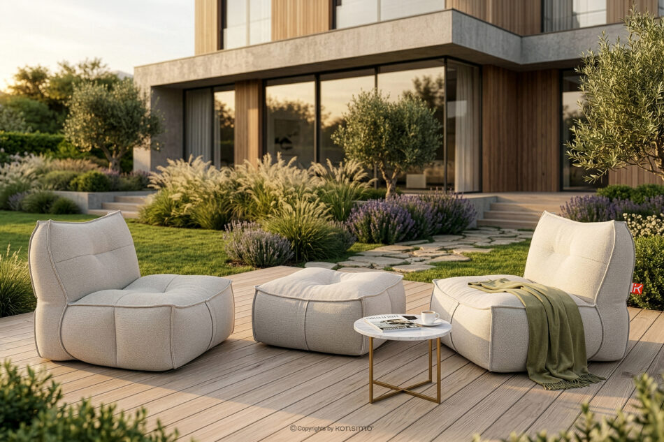 LOVIA Miękki fotel ogrodowy w tkaninie plecionej outdoorowej ciemny beżowy/biały ciemny beżowy/biały - zdjęcie 1