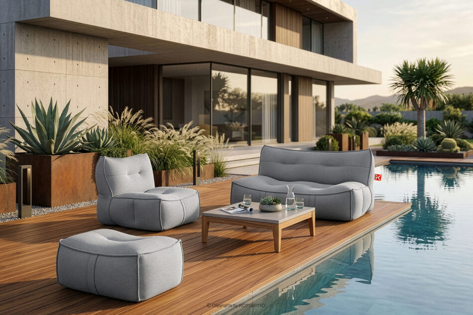 LOVIA Komplet mebli ogrodowych sofa fotel puf w tkaninie plecionej outdoorowej czarny/biały czarny/biały - zdjęcie 1