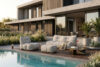 LOVIA Zestaw ogrodowy fotel sofa i puf w tkaninie plecionej outdoorowej ciemny szary/biały ciemny szary/biały - zdjęcie 2