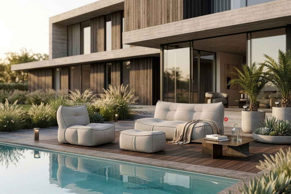 LOVIA Zestaw ogrodowy fotel sofa i puf w tkaninie plecionej outdoorowej ciemny szary/biały ciemny szary/biały - zdjęcie 1