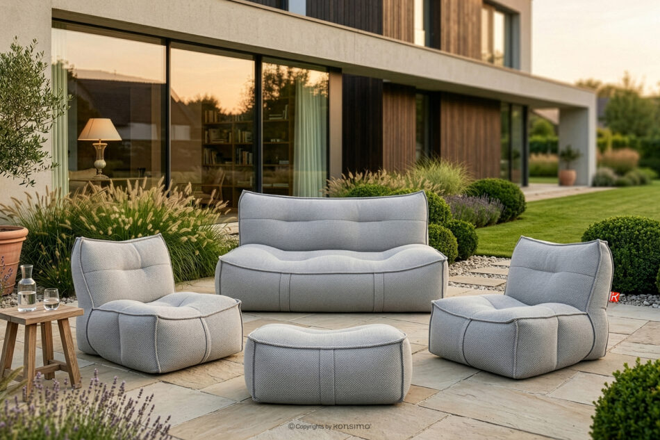 LOVIA Zestaw ogrodowy fotel sofa i puf w tkaninie plecionej outdoorowej ciemny szary/biały ciemny szary/biały - zdjęcie 37