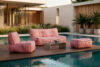 LOVIA Komplet mebli ogrodowych sofa fotel puf w tkaninie plecionej outdoorowej czerwony/biały czerwony/biały - zdjęcie 2