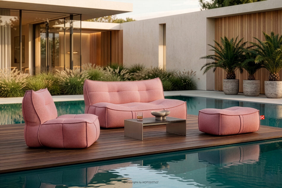 LOVIA Komplet mebli ogrodowych sofa fotel puf w tkaninie plecionej outdoorowej czerwony/biały czerwony/biały - zdjęcie 1