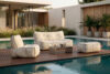 LOVIA Zestaw ogrodowy fotel sofa i puf w tkaninie plecionej outdoorowej ciemny beżowy/biały ciemny beżowy/biały - zdjęcie 2