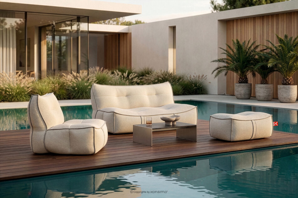 LOVIA Zestaw ogrodowy fotel sofa i puf w tkaninie plecionej outdoorowej ciemny beżowy/biały ciemny beżowy/biały - zdjęcie 1