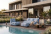 LOVIA Komplet mebli ogrodowych sofa fotel puf w tkaninie plecionej outdoorowej granatowy/biały granatowy/biały - zdjęcie 38