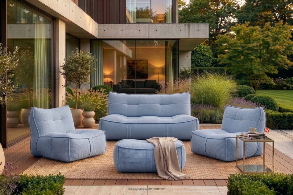 LOVIA Komplet mebli ogrodowych sofa fotel puf w tkaninie plecionej outdoorowej granatowy/biały granatowy/biały - zdjęcie 1