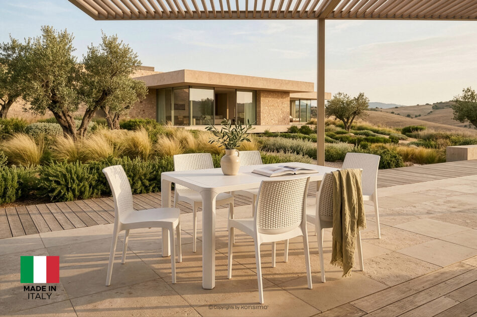 LEOPSI Stół ogrodowy z krzesłami 6 szt. z polipropylenu biały biały - zdjęcie 1