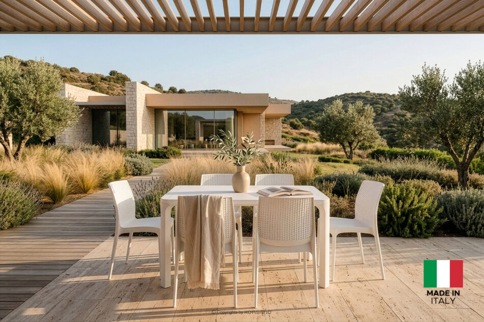 LEOPSI Stół ogrodowy z krzesłami 6 szt. z polipropylenu biały biały - zdjęcie 29