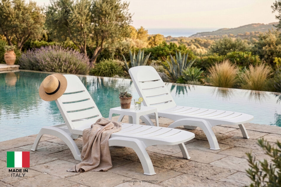 BATSI Leżak hotelowy ze schowkiem i regulacją oparcia biały biały - zdjęcie 1