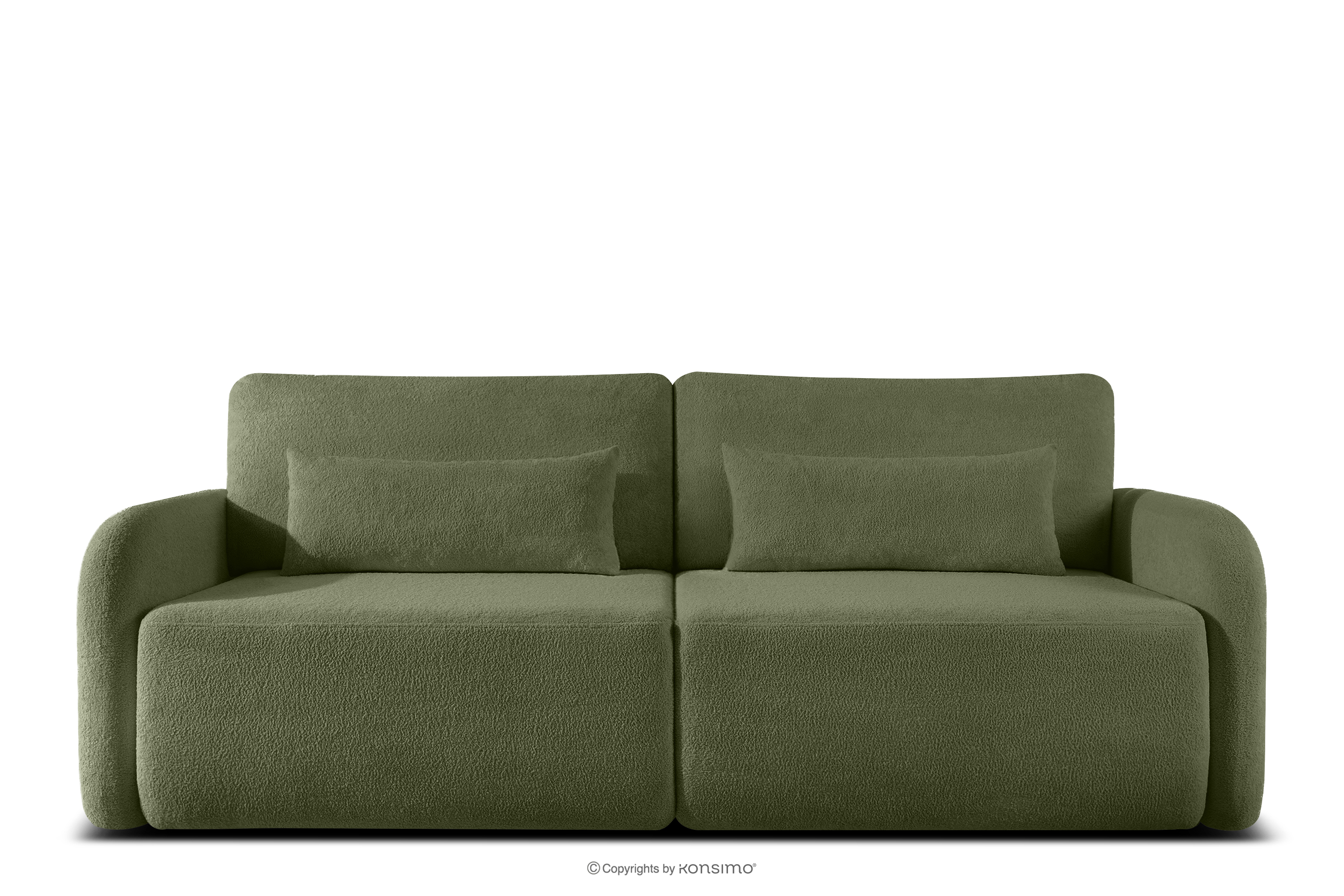 Sofa rozkładana trzyosobowa zaokrąglona w tkaninie shaggy oliwkowy CALICO