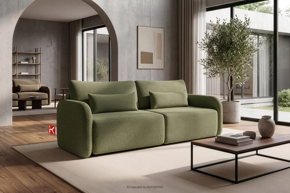 CALICO Sofa rozkładana trzyosobowa zaokrąglona w tkaninie shaggy oliwkowy oliwkowy - zdjęcie 1